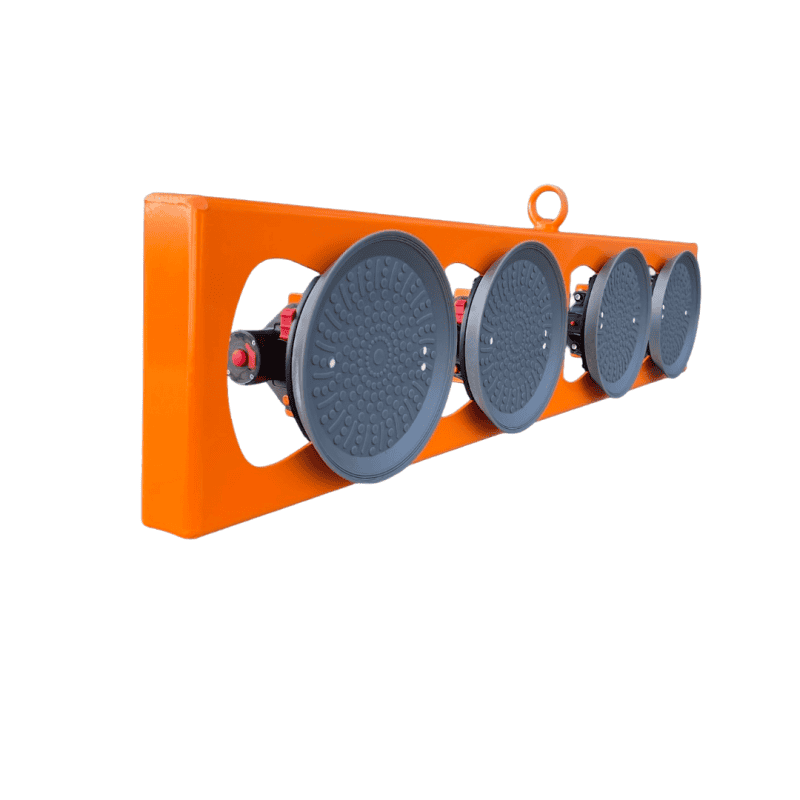 NL: Kim250 Plus vacuümheffer met vier Kim23 Plus zuigers, licht aluminium frame 23×112×9 cm voor glas en platen | EN: Kim250 Plus vacuum lifter with four Kim23 Plus cups, lightweight 23×112×9 cm aluminum frame for glass and panels | FR: Palonnier à vide Kim250 Plus avec 4 ventouses Kim23 Plus, cadre aluminium léger 23×112×9 cm pour verre et plaques | DE: Kim250 Plus Vakuumheber mit vier Kim23 Plus Saugtellern, leichtes Aluminiumgestell 23×112×9 cm für Glas und Platten