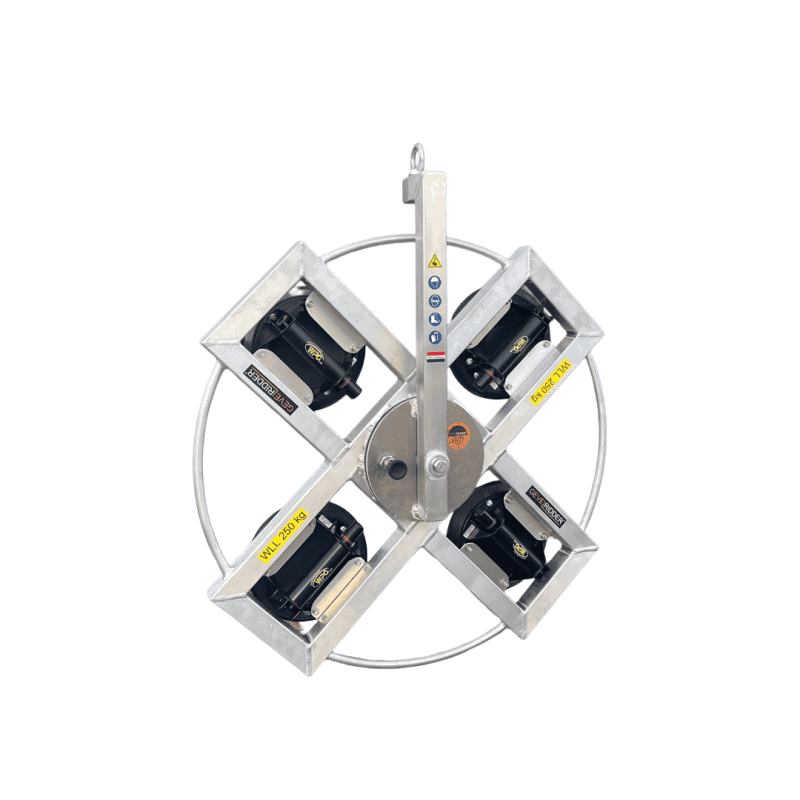 NL: Draaibare vacuümheffer met 4 zuignappen, 250 kg WLL, glaszuiger DE: Drehbarer Vakuumheber mit 4 Saugtellern, 250 kg Tragfähigkeit FR: Palonnier à vide rotatif, 4 ventouses, capacité 250 kg EN: Rotatable 4-pad glass vacuum lifter, 250 kg WLL