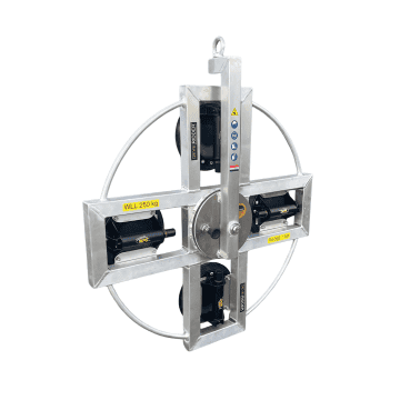 NL: Draaibare vacuümheffer met 4 zuignappen, 250 kg WLL, glaszuiger DE: Drehbarer Vakuumheber mit 4 Saugtellern, 250 kg Tragfähigkeit FR: Palonnier à vide rotatif, 4 ventouses, capacité 250 kg EN: Rotatable 4-pad glass vacuum lifter, 250 kg WLL