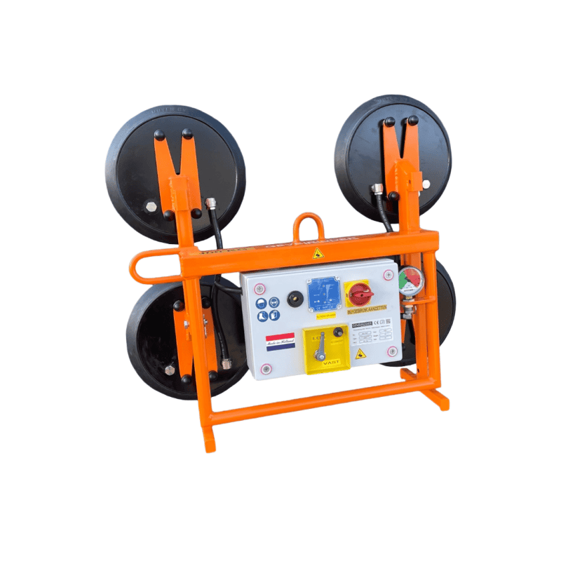 Glass Vacuümlifter Quattro Battery-powered 3 NL: Quattro met grijze zachte sponsrubber zuignappen voor sandwichpanelen, WLL 200 kg, kunstlederen hoezen | EN: Quattro with light-grey soft sponge-rubber cups for sandwich panels, WLL 200 kg, faux-leather covers | FR: Quattro avec ventouses grises souples pour panneaux sandwich, CMU 200 kg, housses similicuir | DE: Quattro mit grauen weichen Schwammgummi-Tellern für Sandwichpaneele, Traglast 200 kg, Kunstleder-Hauben