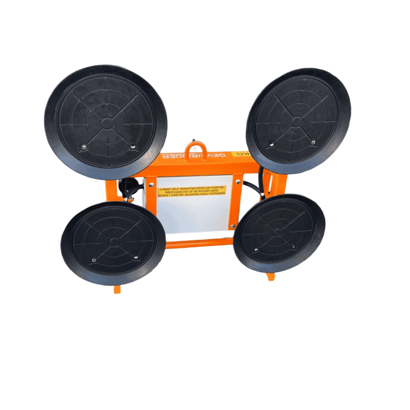 Glass Vacuümlifter Quattro Battery-powered 2 NL: Quattro met grijze zachte sponsrubber zuignappen voor sandwichpanelen, WLL 200 kg, kunstlederen hoezen | EN: Quattro with light-grey soft sponge-rubber cups for sandwich panels, WLL 200 kg, faux-leather covers | FR: Quattro avec ventouses grises souples pour panneaux sandwich, CMU 200 kg, housses similicuir | DE: Quattro mit grauen weichen Schwammgummi-Tellern für Sandwichpaneele, Traglast 200 kg, Kunstleder-Hauben