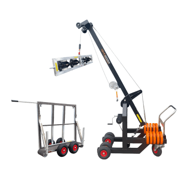 Complete TheCannon set met SirLiftAlot 4 minikraan, vacuümheffer, twee spanklemmen en Glaskar 250 kg voor veilig en ergonomisch glasplaatsen. DE Kompletter TheCannon-Set mit SirLiftAlot 4 Minikran, Vakuumheber, zwei Spannklemmen und Glaskar 250 kg für sicheres Verglasen auf der Baustelle. FR Ensemble complet TheCannon avec mini-grue SirLiftAlot 4, palonnier à ventouses, deux pinces de serrage et chariot à verre 250 kg pour la pose de vitrages en toute sécurité. EN Complete TheCannon set with SirLiftAlot 4 mini crane, vacuum lifter, two clamping brackets and 250 kg glass trolley for safe and ergonomic glass installation.