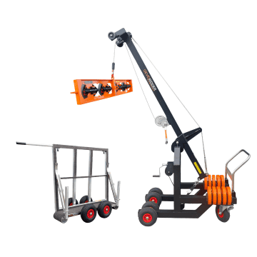 NL Complete TheCannon set met elektrische Kim250 minikraan, vacuümheffer, twee spanklemmen en Glaskar 250 kg voor veilig en ergonomisch glasplaatsen. DE Kompletter TheCannon-Set mit elektrischem Kim250 Minikran, Vakuumheber, zwei Spannklemmen und Glaskar 250 kg für sicheres Verglasen auf der Baustelle. FR Ensemble complet TheCannon avec mini-grue électrique Kim250, palonnier à ventouses, deux pinces de serrage et chariot à verre 250 kg pour la pose de vitrages en toute sécurité. EN Complete TheCannon set with Kim250 electric mini crane, vacuum lifter, two clamping brackets and 250 kg glass trolley for safe and ergonomic glass installation.