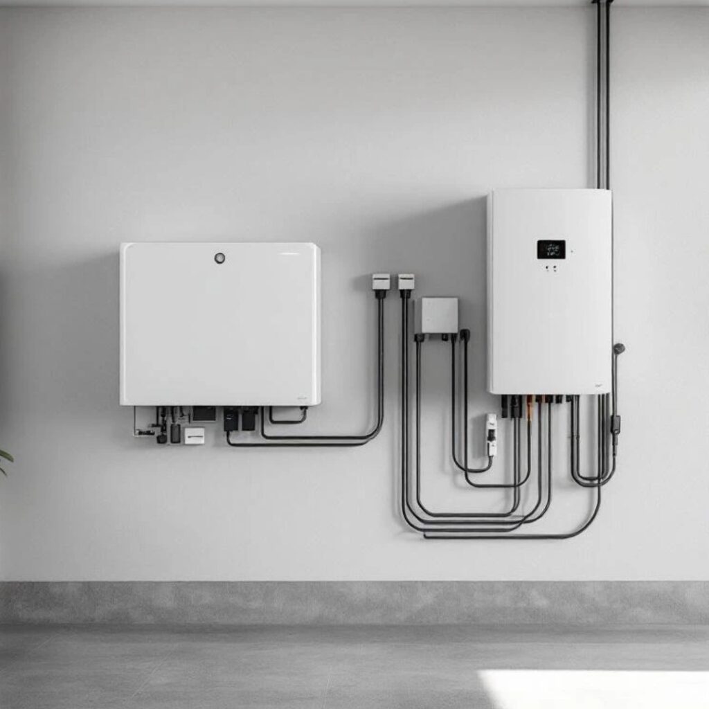 Batterie domestique et onduleur fixés au mur pour le stockage d'énergie dans le logement